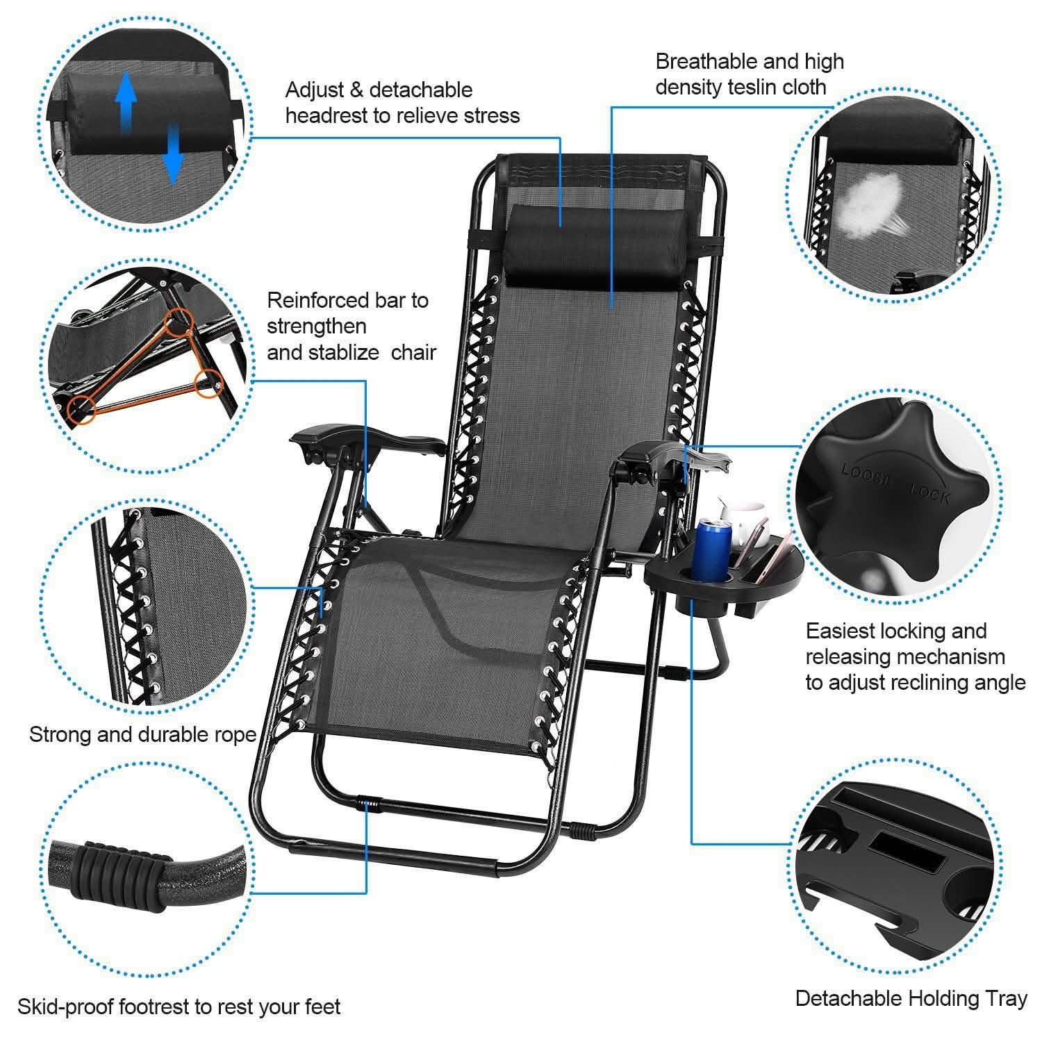 2-Pack: Foldable Zero Gravity Lounge Chair with Dual Side Tray DailySale