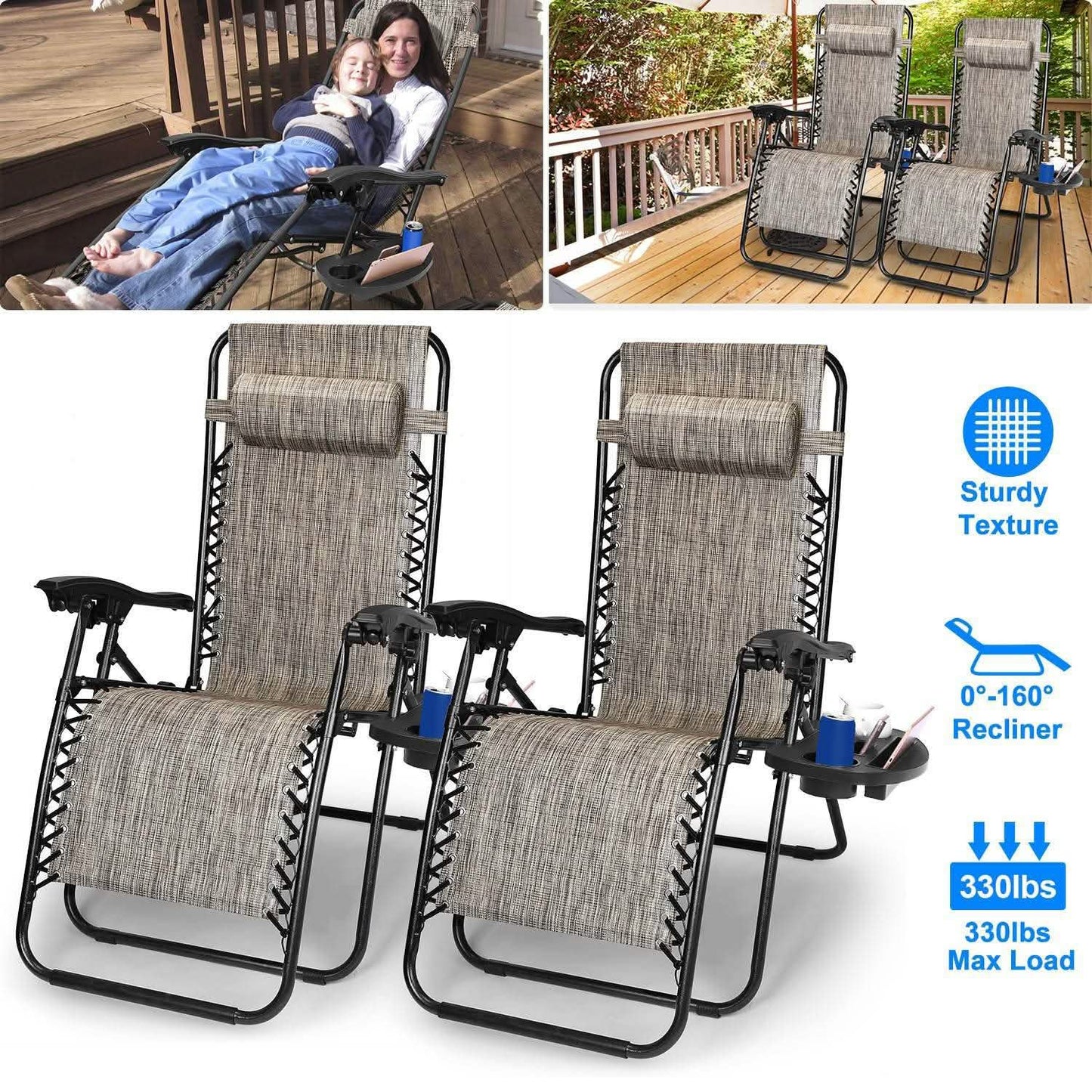 2-Pack: Foldable Zero Gravity Lounge Chair with Dual Side Tray DailySale