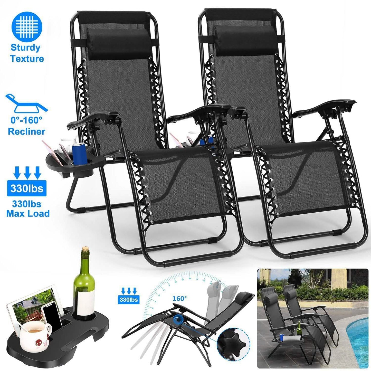 2-Pack: Foldable Zero Gravity Lounge Chair with Dual Side Tray DailySale