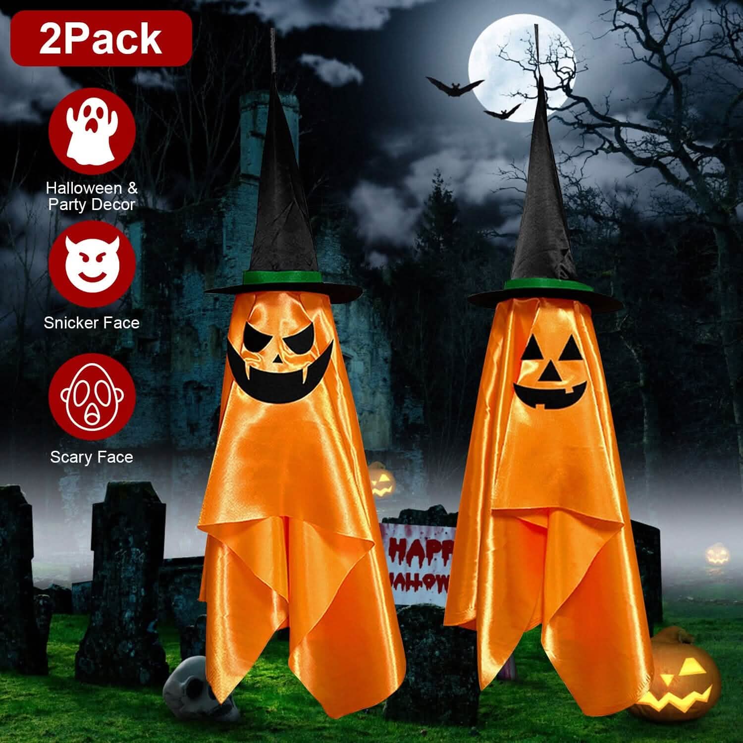 2-Pack: Hanging Ghosts with Wizard Hat Snicker Scary Face DailySale