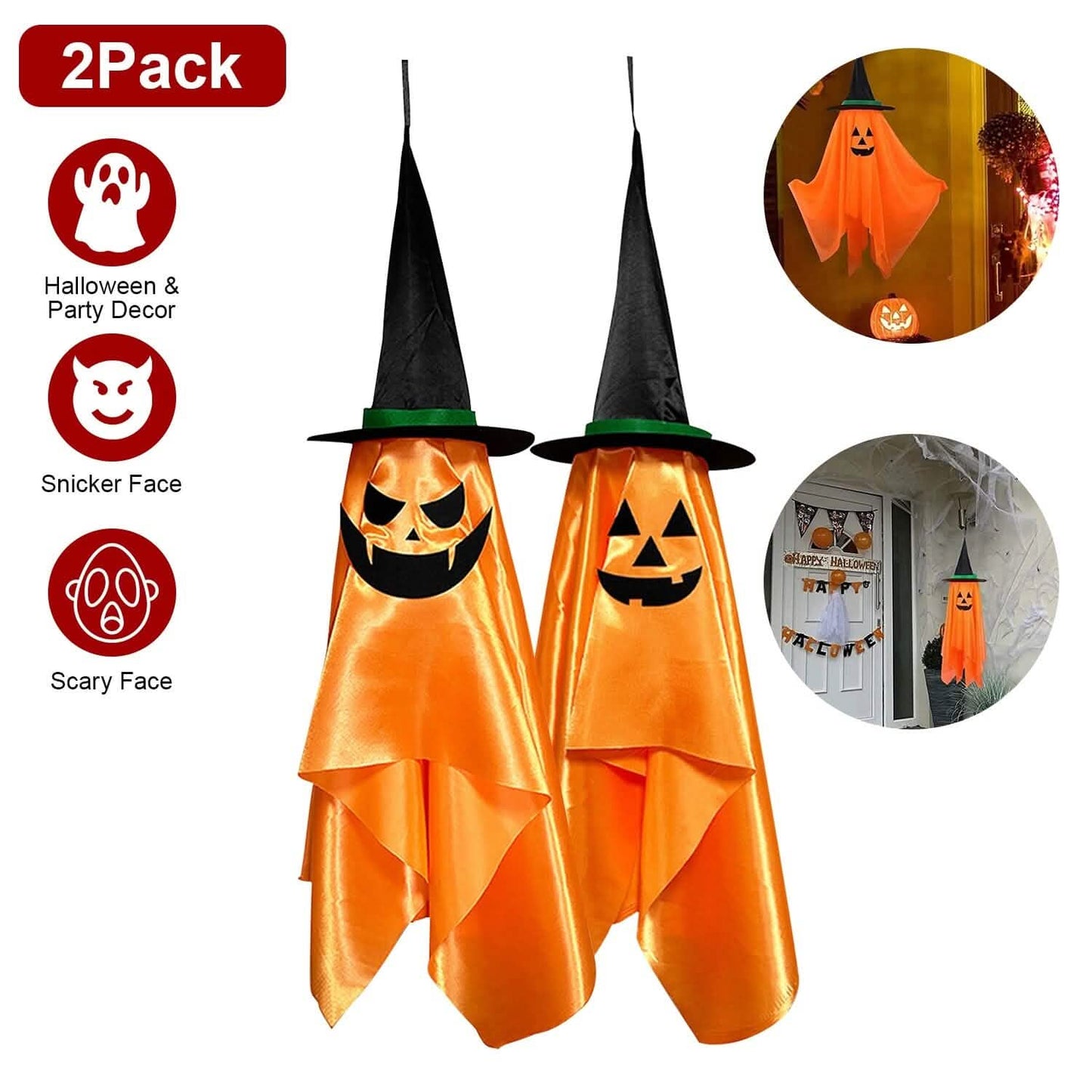 2-Pack: Hanging Ghosts with Wizard Hat Snicker Scary Face DailySale