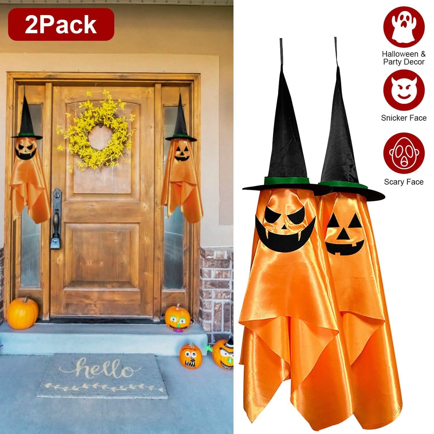 2-Pack: Hanging Ghosts with Wizard Hat Snicker Scary Face DailySale