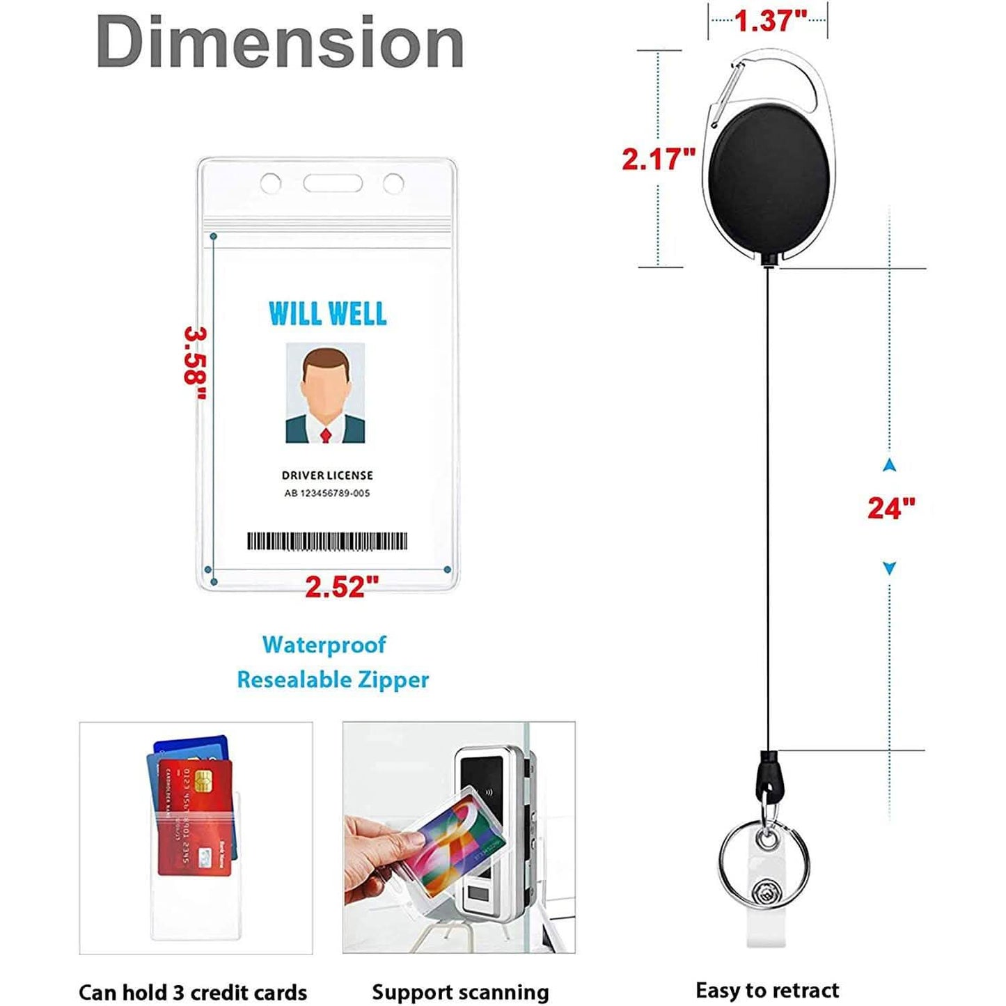 2-Pack: Heavy Duty Retractable Badge Holders with Carabiner Reel Clip and Vertical Style Clear ID Card Holders DailySale