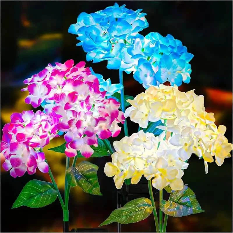 2-Pack: Hydrangea Solar LED Flower Lights with 3 Heads Outdoor Waterproof Garden Lights DailySale