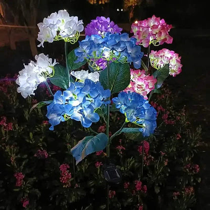 2-Pack: Hydrangea Solar LED Flower Lights with 3 Heads Outdoor Waterproof Garden Lights DailySale