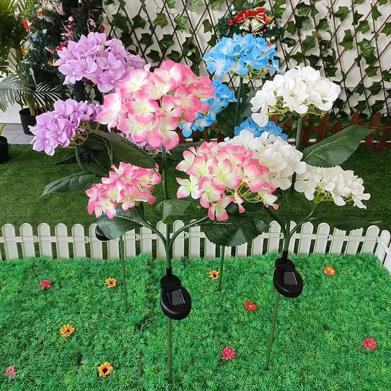 2-Pack: Hydrangea Solar LED Flower Lights with 3 Heads Outdoor Waterproof Garden Lights DailySale