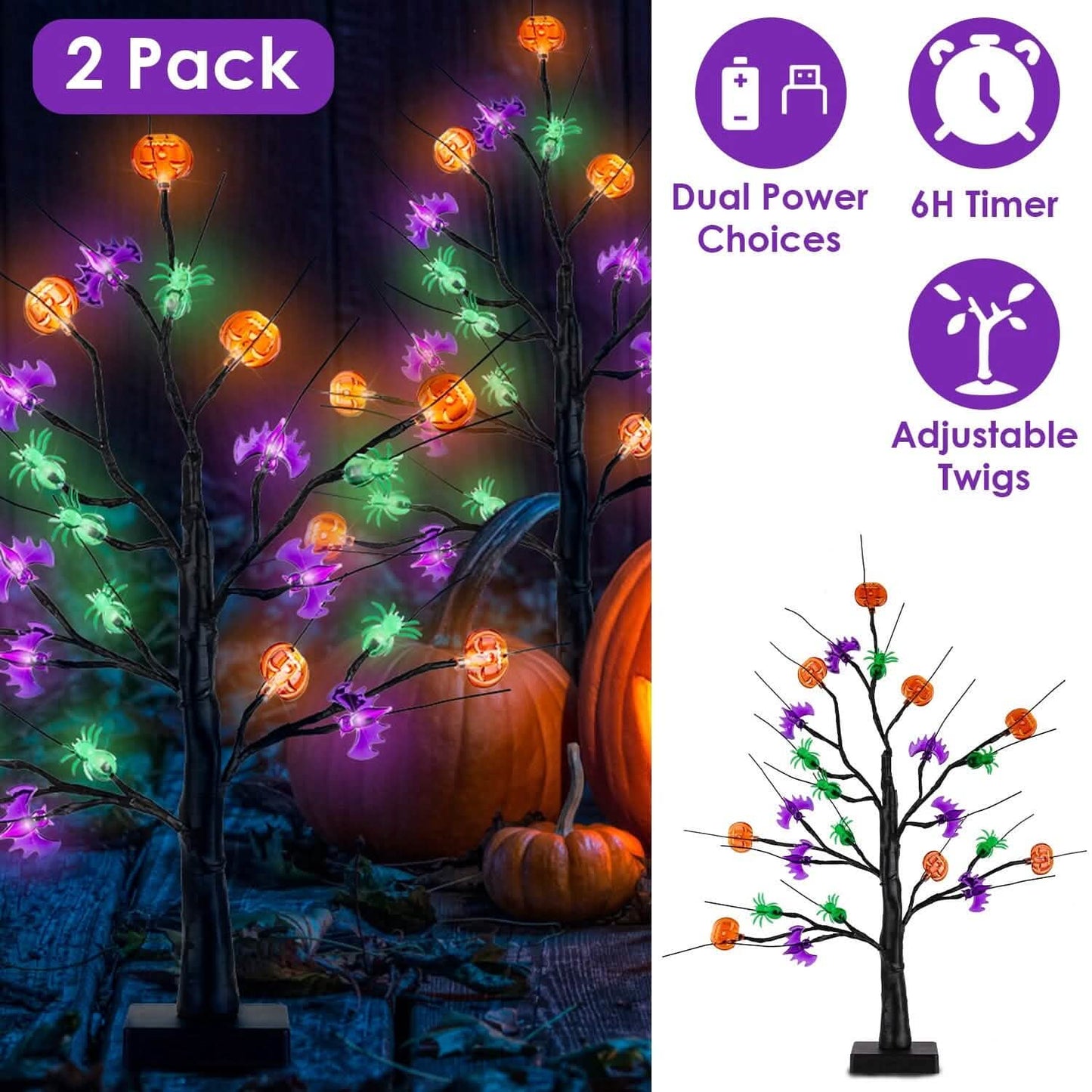 2-Pack: Lighted Halloween Trees with Timer and Adjustable Twigs DailySale