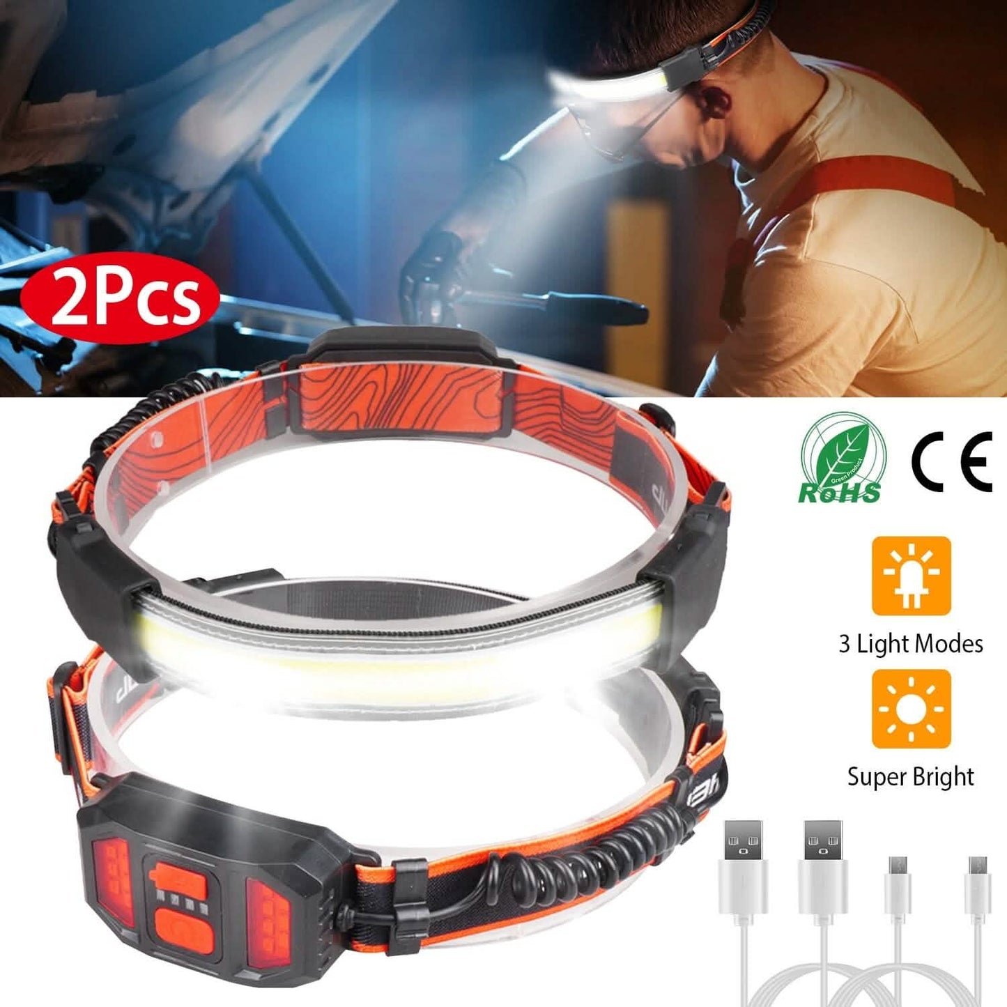 2-Pack: Rechargeable Headlamp 3 Light Modes Hand-Free DailySale