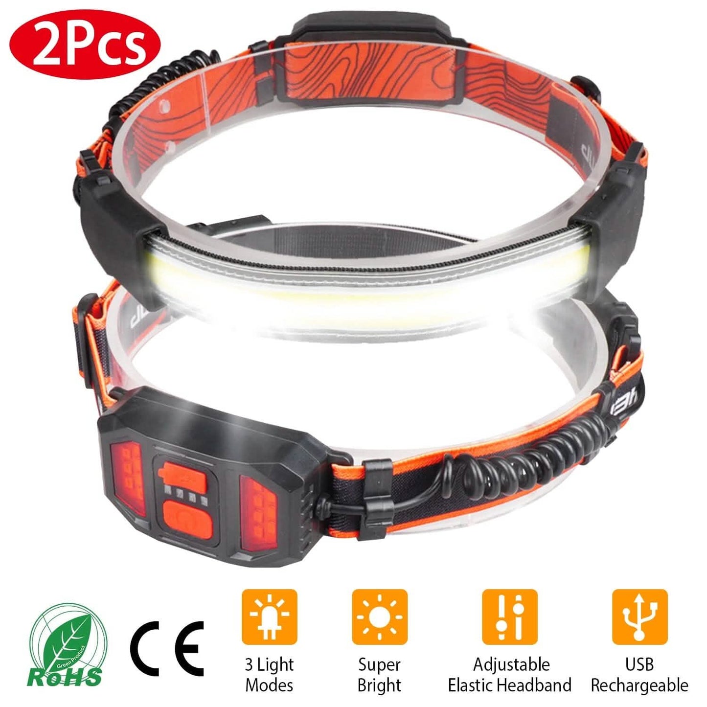 2-Pack: Rechargeable Headlamp 3 Light Modes Hand-Free DailySale