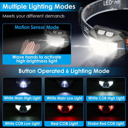 2-Pack: Rechargeable Motion Sensor Headlamp 6 Light Modes Headlight DailySale