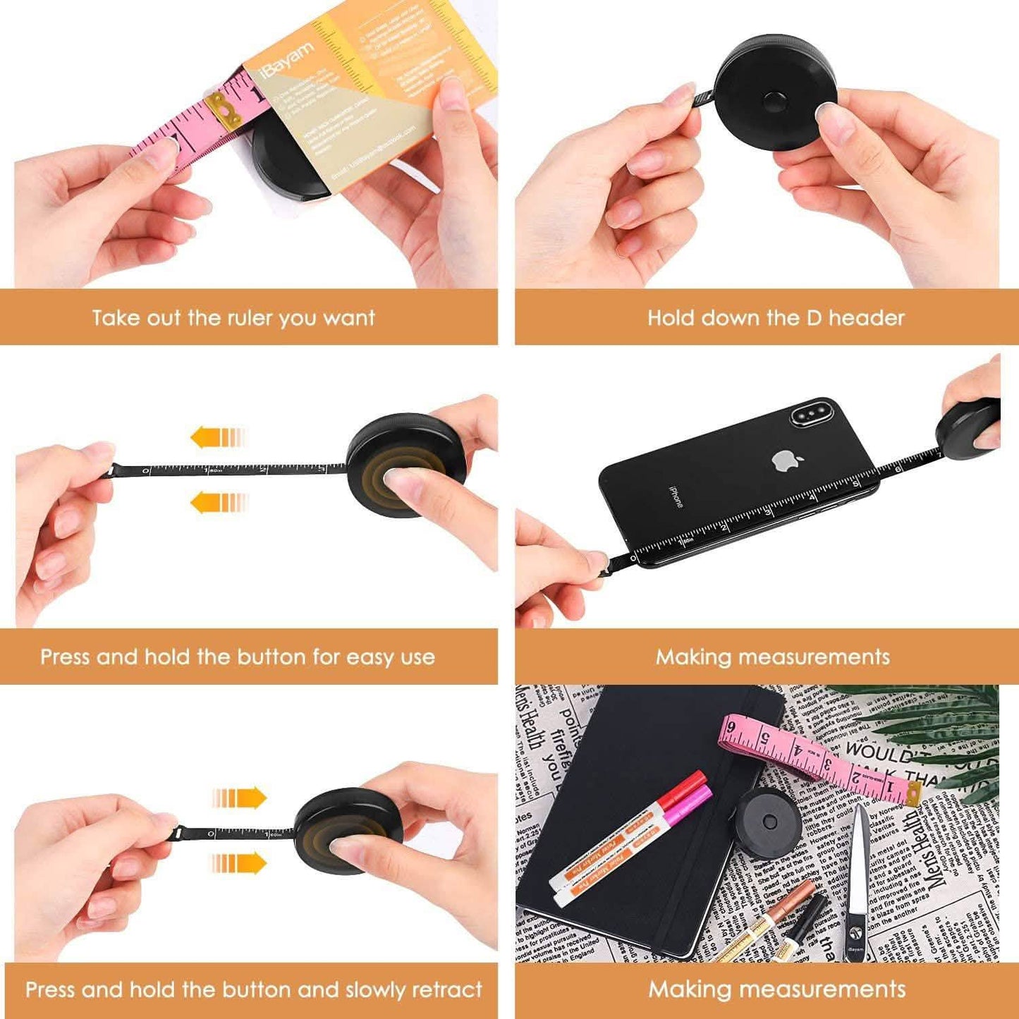 2-Pack: Soft Fashion Pink and Retractable Black Measuring Tape Set DailySale