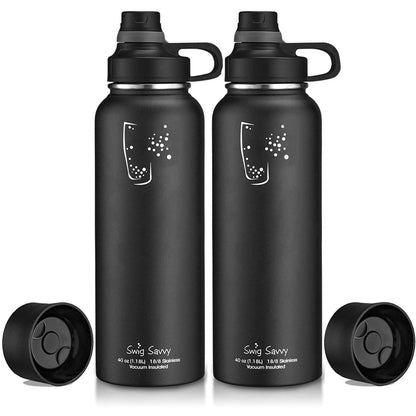 2-Pack: Stainless Steel Wide Mouth Insulated Water Bottle with Interchangeable Caps DailySale