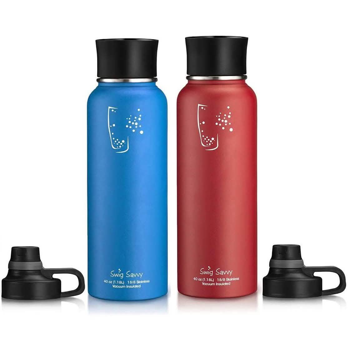 2-Pack: Stainless Steel Wide Mouth Insulated Water Bottle with Interchangeable Caps DailySale
