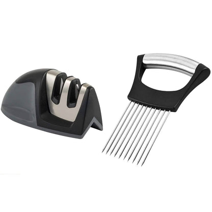 2-Pack: Ultra Sharp Knife Sharpener and Stainless Steel Vegetable and Meat Slicer Holder DailySale