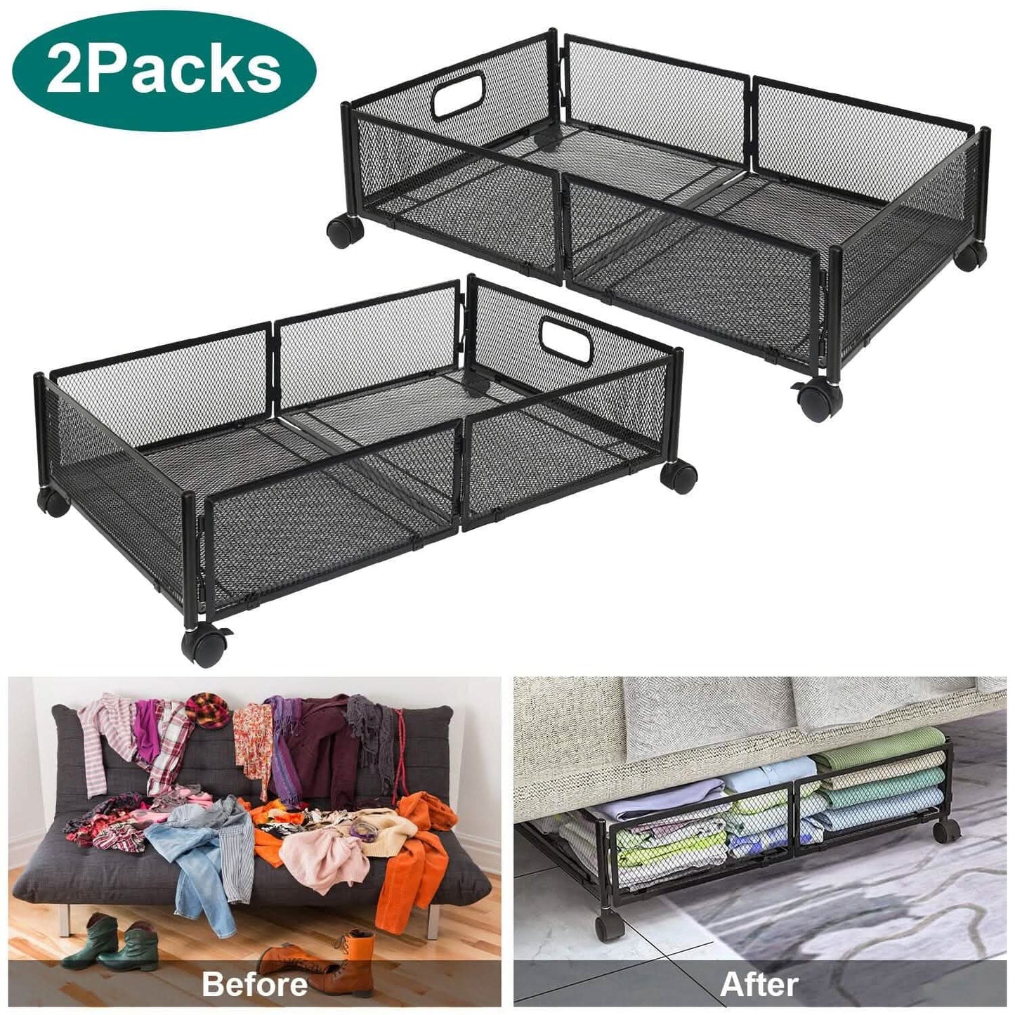 2-Pack: Under Bed Storage Container Foldable Rolling Storage Bin DailySale