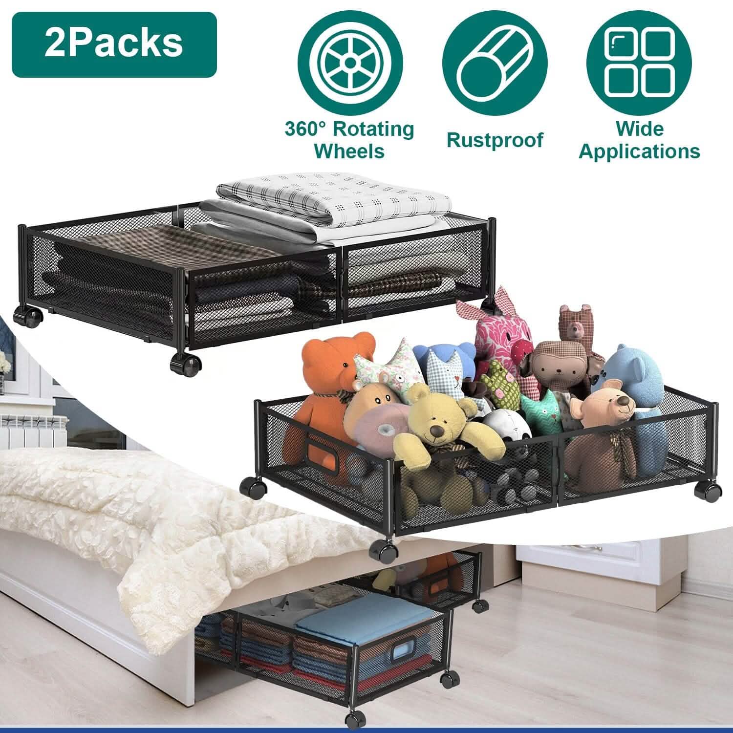 2-Pack: Under Bed Storage Container Foldable Rolling Storage Bin DailySale
