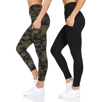 2-Pack: Women's High Waist Active Full Length Leggings with Camo and Solid Print DailySale