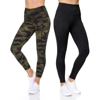 2-Pack: Women's High Waist Active Full Length Leggings with Camo and Solid Print DailySale