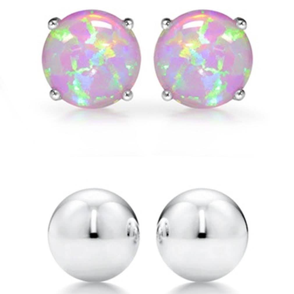 2-Pairs: Pink Opal Stud and Sterling Silver Ball Stud Set DailySale