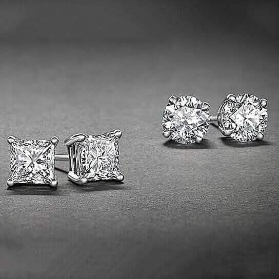 2-Pairs: White Gold High Polish Finish Stud Earrings Cubic Zirconia Round and Princess Cut DailySale
