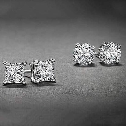 2-Pairs: White Gold High Polish Finish Stud Earrings Cubic Zirconia Round and Princess Cut DailySale