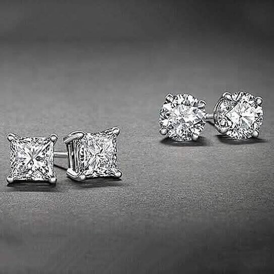 2-Pairs: White Gold High Polish Finish Stud Earrings Cubic Zirconia Round and Princess Cut DailySale