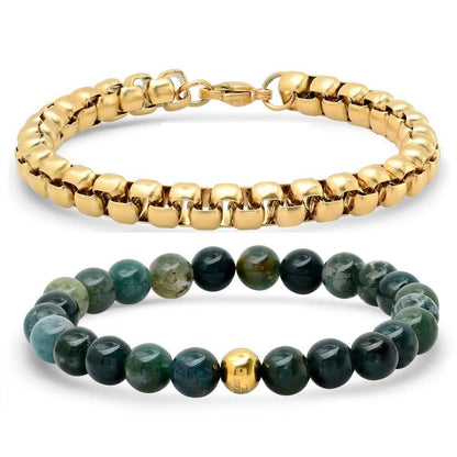 2-Piece: Green Agate Beaded and 18k Gold Plated Box Link Bracelet Set DailySale