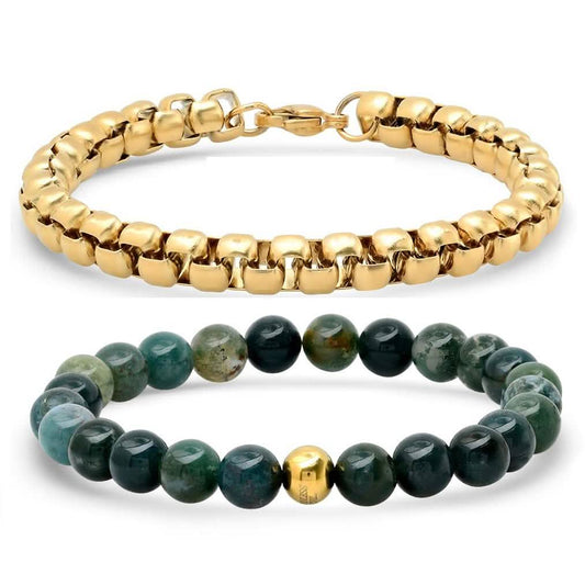 2-Piece: Green Agate Beaded and 18k Gold Plated Box Link Bracelet Set DailySale