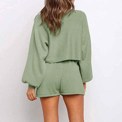2-Piece: Knit Outfits Puff Sleeve Crop Top Shorts Set Sweater Sweatsuit DailySale