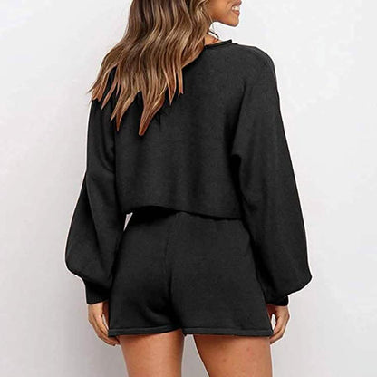 2-Piece: Knit Outfits Puff Sleeve Crop Top Shorts Set Sweater Sweatsuit DailySale