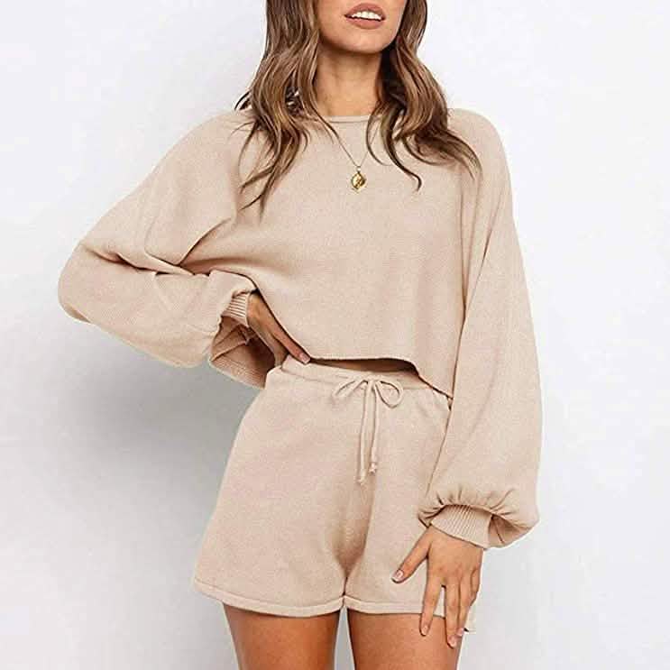 2-Piece: Knit Outfits Puff Sleeve Crop Top Shorts Set Sweater Sweatsuit DailySale