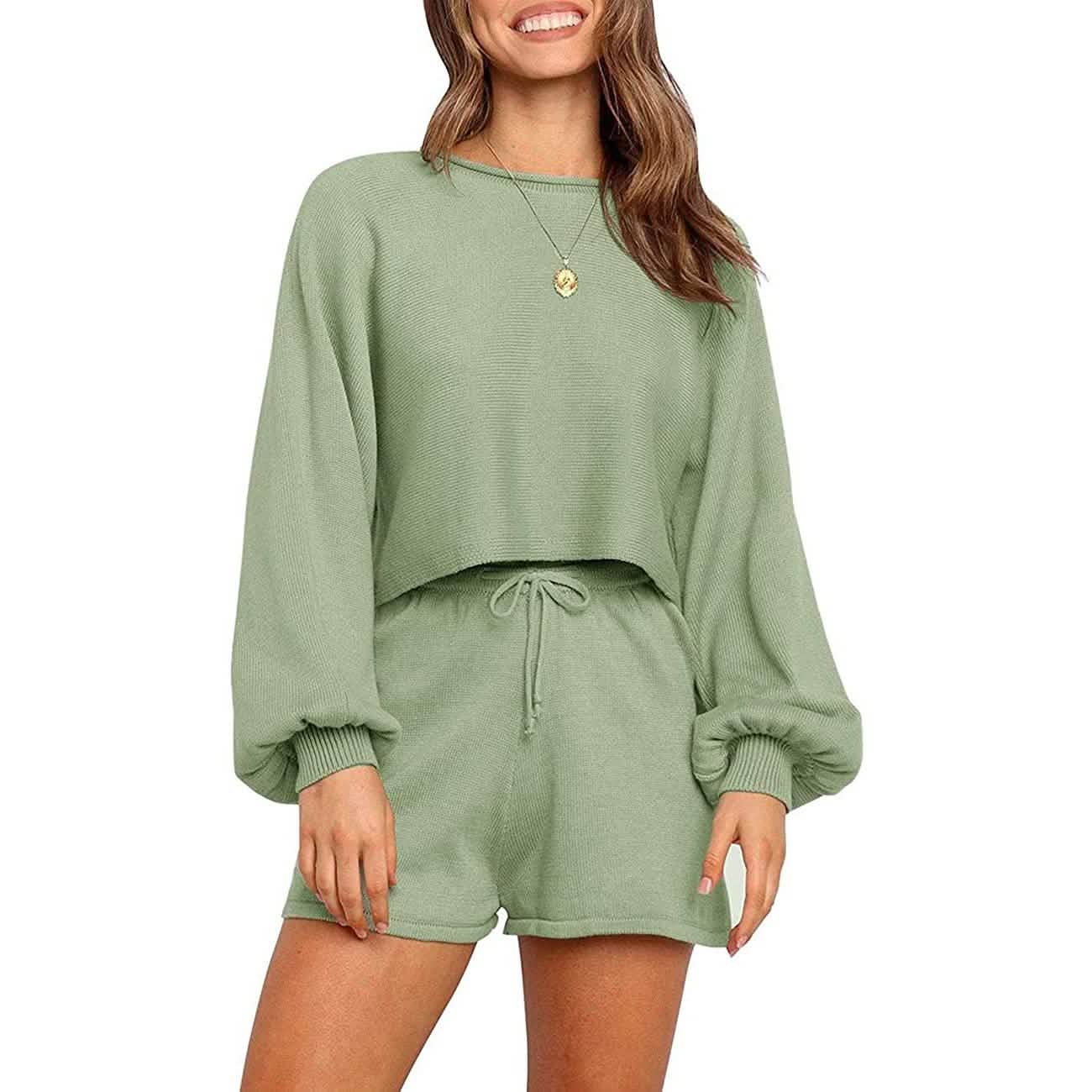 2-Piece: Knit Outfits Puff Sleeve Crop Top Shorts Set Sweater Sweatsuit DailySale