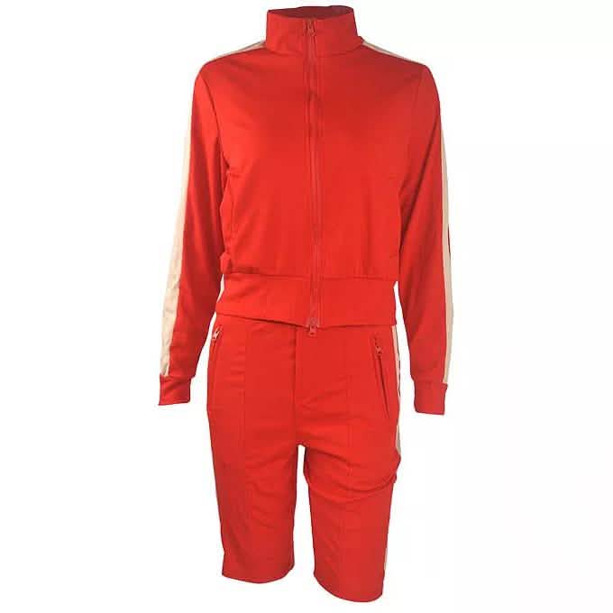 2-Piece: Lapel Neck Zipper Color Matching Long Sleeve Fleece Sport Casual Shorts DailySale