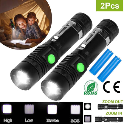 2-Piece: LED Handheld Flashlight Zoomable USB Rechargable DailySale