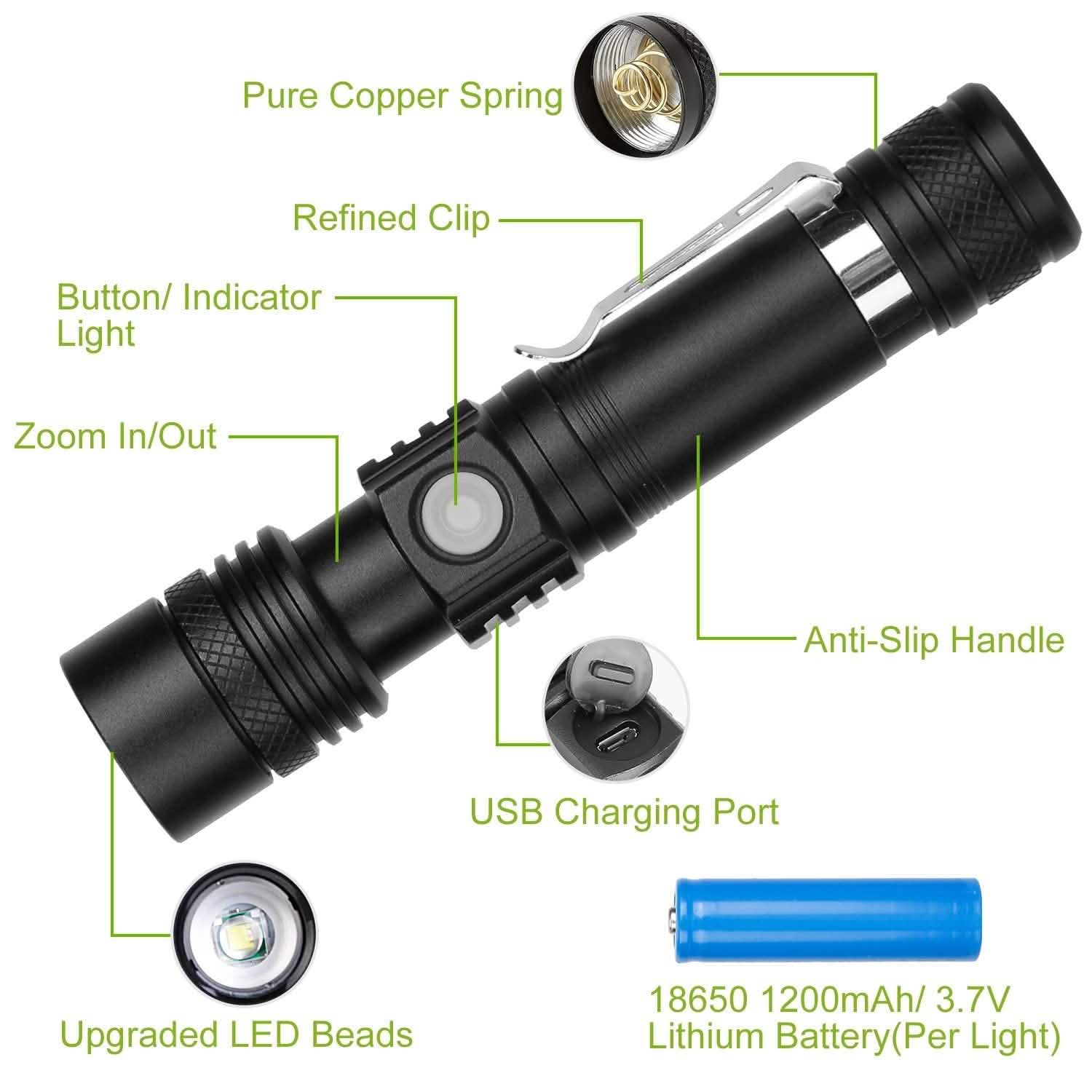 2-Piece: LED Handheld Flashlight Zoomable USB Rechargable DailySale