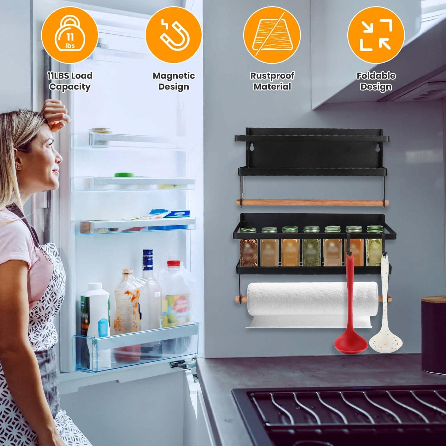 2-Piece: Magnetic Spice Racks for Refrigerator with Paper Towel Holder DailySale