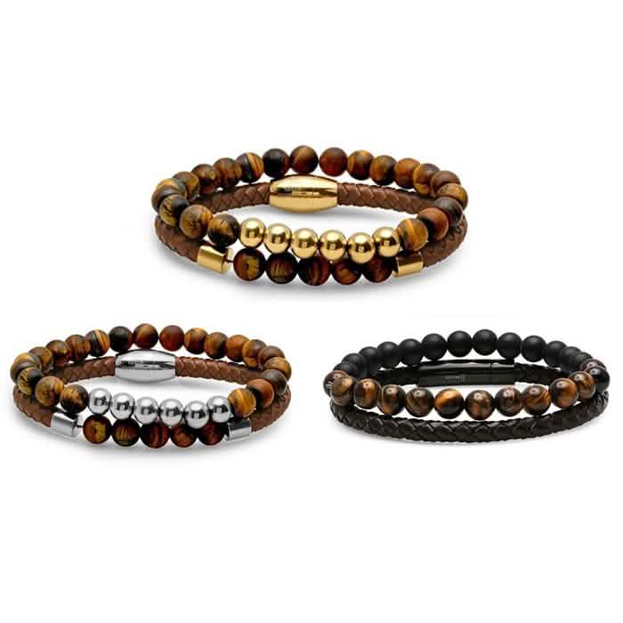 2-Piece: Men's Leather Braided Bracelet Beaded with Tiger Eye DailySale