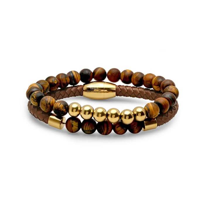 2-Piece: Men's Leather Braided Bracelet Beaded with Tiger Eye DailySale