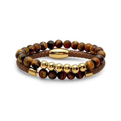 2-Piece: Men's Leather Braided Bracelet Beaded with Tiger Eye DailySale