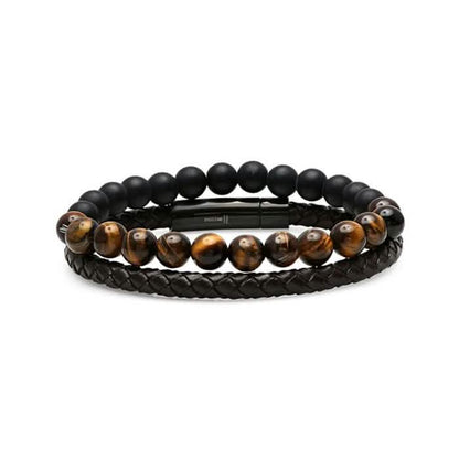 2-Piece: Men's Leather Braided Bracelet Beaded with Tiger Eye DailySale