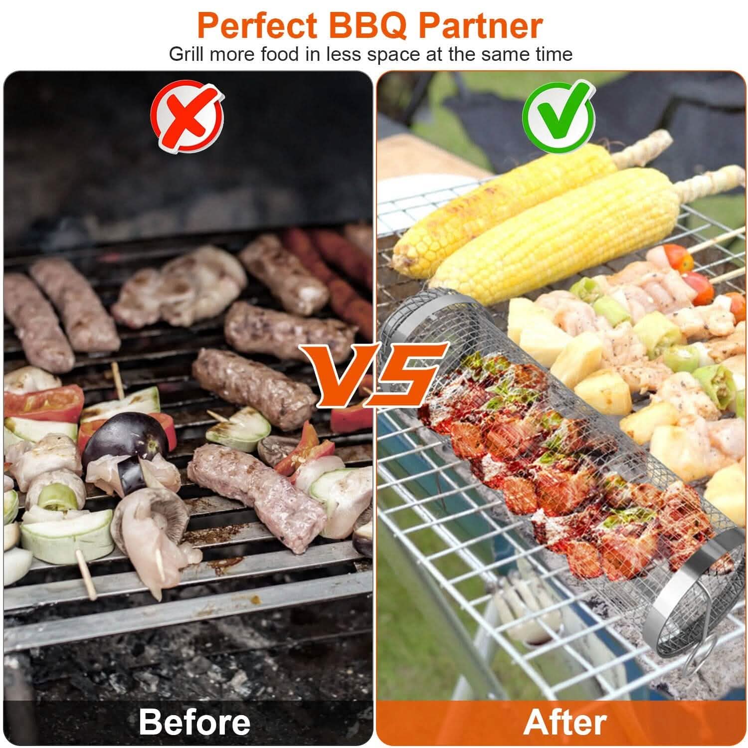 2-Piece: Portable BBQ Rolling Basket Round Stainless Steel Grill DailySale