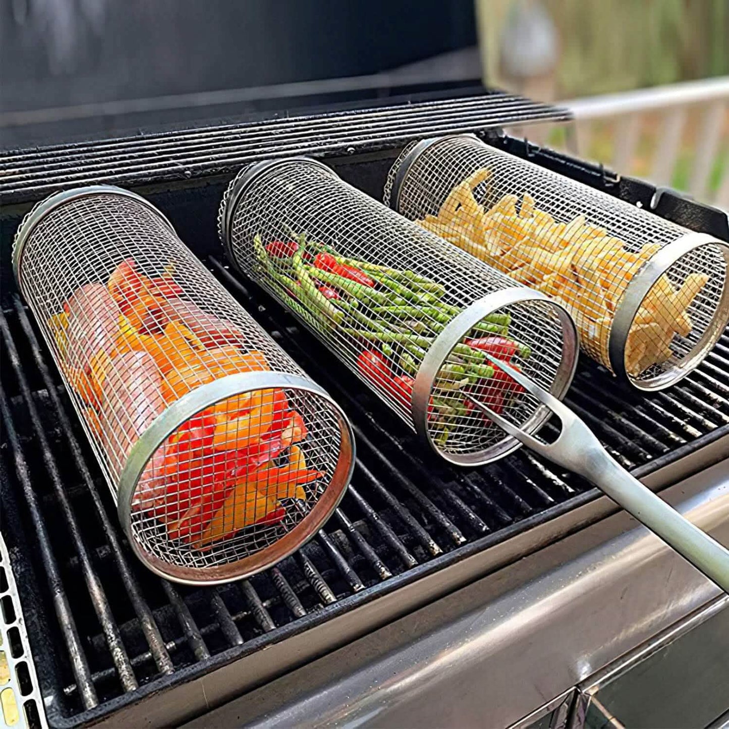 2-Piece: Portable BBQ Rolling Basket Round Stainless Steel Grill DailySale
