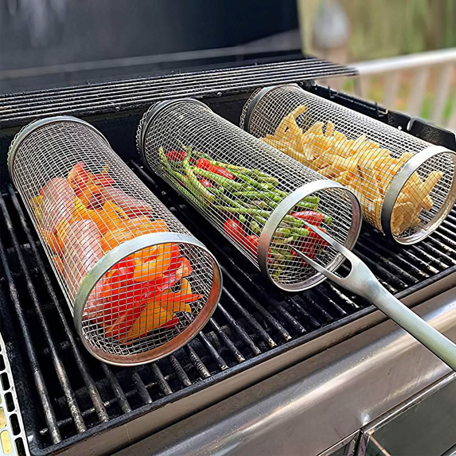 2-Piece: Portable BBQ Rolling Basket Round Stainless Steel Grill DailySale