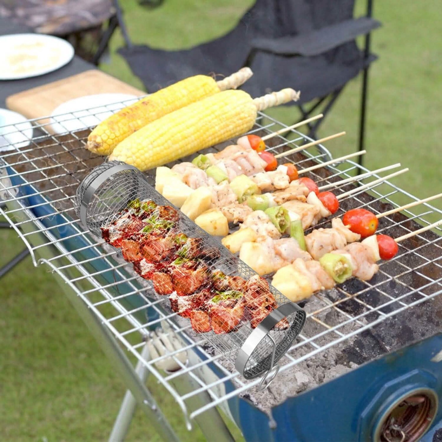2-Piece: Portable BBQ Rolling Basket Round Stainless Steel Grill DailySale