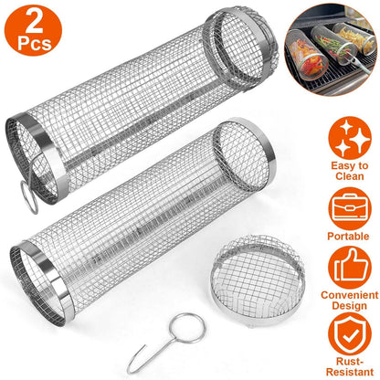 2-Piece: Portable BBQ Rolling Basket Round Stainless Steel Grill DailySale
