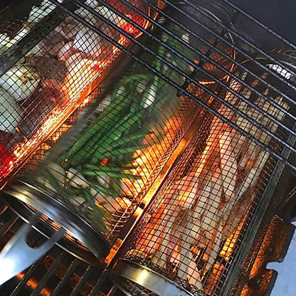 2-Piece: Portable BBQ Rolling Basket Round Stainless Steel Grill DailySale