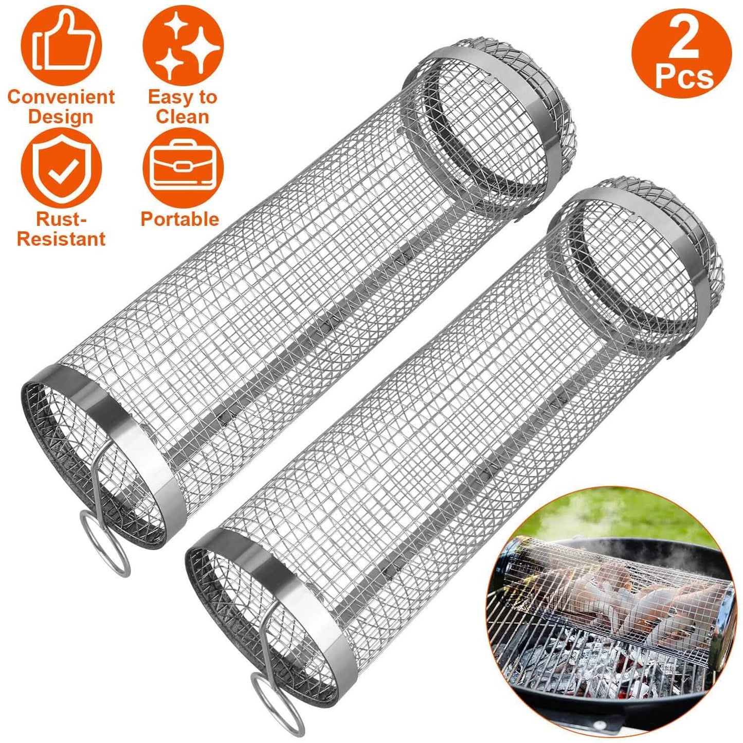 2-Piece: Portable BBQ Rolling Basket Round Stainless Steel Grill DailySale