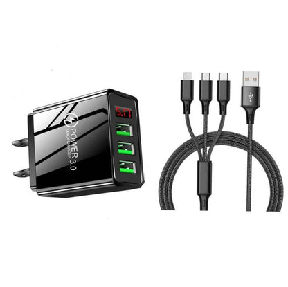 2-Piece Set: 3-Port LED Display High Speed Wall Charger Black + 3-in-1 Cable DailySale