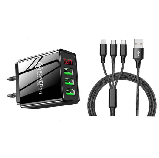 2-Piece Set: 3-Port LED Display High Speed Wall Charger Black + 3-in-1 Cable DailySale