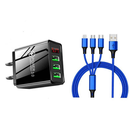 2-Piece Set: 3-Port LED Display High Speed Wall Charger Black + 3-in-1 Cable DailySale